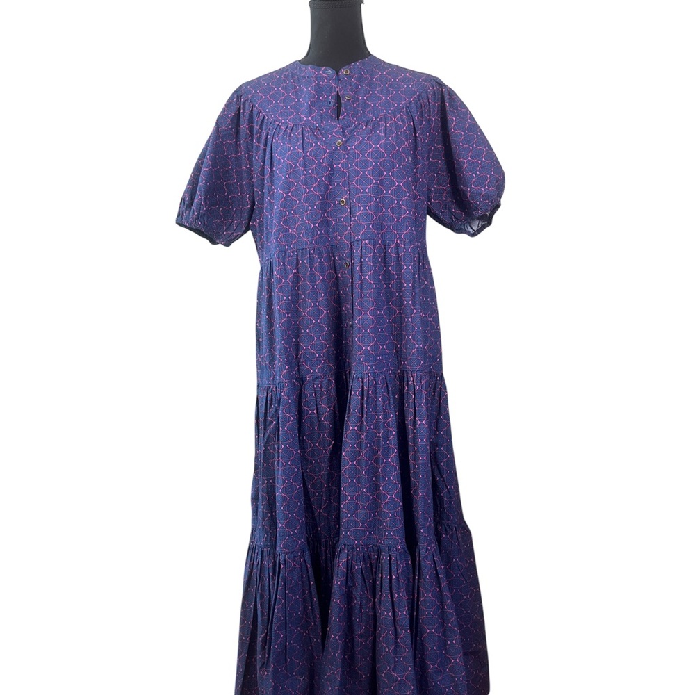 Oliphant Navy and Pink Geometric Print Puff Sleeve Maxi Yoke Prairie Dress sz M